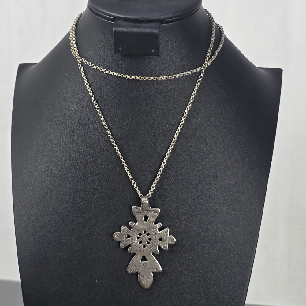 Vintage Ethiopian Coptic Religious Cross Pendant Necklace Silver-Tone Ethnic 32"